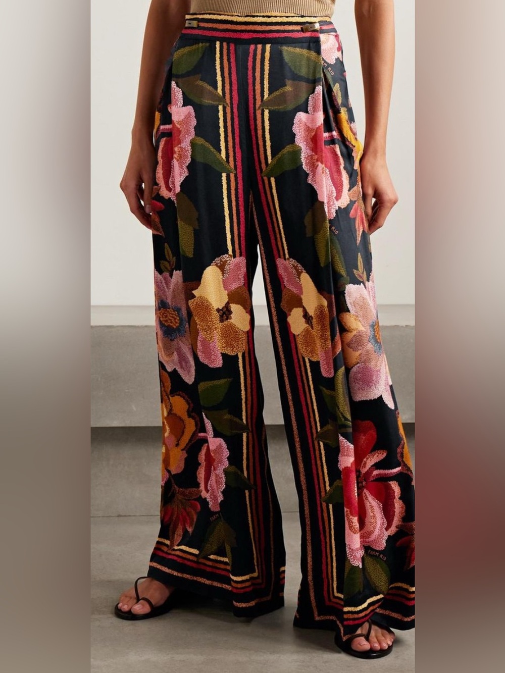 FARM Rio Anthropologie Black Wide-Leg Pants with Pink & Yellow Floral Stripes